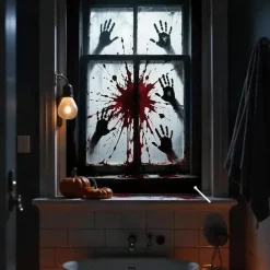 Halloween Window Curtain Bloody Handprints Bathroom Scene, Scary Door Cover, Window cover, Wall Tapestry for 2025 Halloween Haunted House Decoration