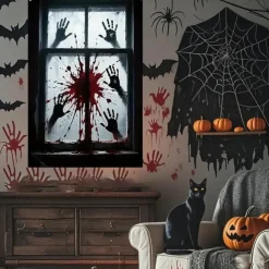 Halloween Window Curtain Bloody Handprints Bathroom Scene, Scary Door Cover, Window cover, Wall Tapestry for 2025 Halloween Haunted House Decoration
