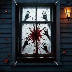 Halloween Window Curtain Bloody Handprints Bathroom Scene, Scary Door Cover, Window cover, Wall Tapestry for 2025 Halloween Haunted House Decoration