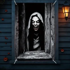 Halloween Window Curtain Giant Skull Behind Broken Glass, Creepy , Scary Door Cover, Window cover, Wall Tapestry for 2025 Halloween Spooky Home Decoration