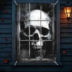 Halloween Window Curtain Giant Skull Behind Broken Glass, Creepy , Scary Door Cover, Window cover, Wall Tapestry for 2025 Halloween Spooky Home Decoration