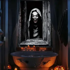 Halloween Window Curtain Giant Skull Behind Broken Glass, Creepy , Scary Door Cover, Window cover, Wall Tapestry for 2025 Halloween Spooky Home Decoration