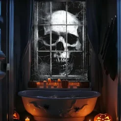 Halloween Window Curtain Giant Skull Behind Broken Glass, Creepy , Scary Door Cover, Window cover, Wall Tapestry for 2025 Halloween Spooky Home Decoration
