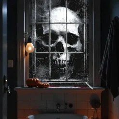 Halloween Window Curtain Giant Skull Behind Broken Glass, Creepy , Scary Door Cover, Window cover, Wall Tapestry for 2025 Halloween Spooky Home Decoration
