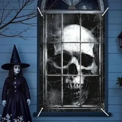 Halloween Window Curtain Giant Skull Behind Broken Glass, Creepy , Scary Door Cover, Window cover, Wall Tapestry for 2025 Halloween Spooky Home Decoration