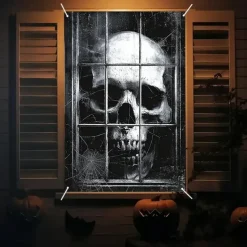Halloween Window Curtain Giant Skull Behind Broken Glass, Creepy , Scary Door Cover, Window cover, Wall Tapestry for 2025 Halloween Spooky Home Decoration