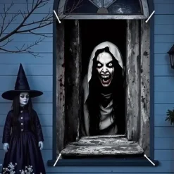 Halloween Window Curtain Giant Skull Behind Broken Glass, Creepy , Scary Door Cover, Window cover, Wall Tapestry for 2025 Halloween Spooky Home Decoration