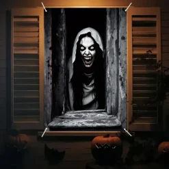 Halloween Window Curtain Giant Skull Behind Broken Glass, Creepy , Scary Door Cover, Window cover, Wall Tapestry for 2025 Halloween Spooky Home Decoration