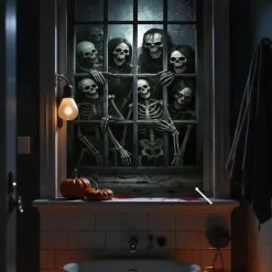 Halloween Window Curtain Skeleton with Outstretched Hands, Creepy Door Cover, Window cover, Wall Tapestry for 2025 Halloween Haunted House Decoration