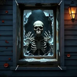 Halloween Window Curtain Skeleton with Outstretched Hands, Creepy Door Cover, Window cover, Wall Tapestry for 2025 Halloween Haunted House Decoration