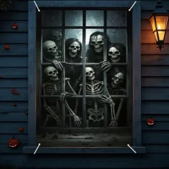 Halloween Window Curtain Skeleton with Outstretched Hands, Creepy Door Cover, Window cover, Wall Tapestry for 2025 Halloween Haunted House Decoration