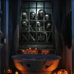 Halloween Window Curtain Skeleton with Outstretched Hands, Creepy Door Cover, Window cover, Wall Tapestry for 2025 Halloween Haunted House Decoration