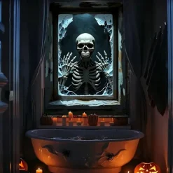 Halloween Window Curtain Skeleton with Outstretched Hands, Creepy Door Cover, Window cover, Wall Tapestry for 2025 Halloween Haunted House Decoration