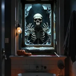 Halloween Window Curtain Skeleton with Outstretched Hands, Creepy Door Cover, Window cover, Wall Tapestry for 2025 Halloween Haunted House Decoration