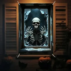 Halloween Window Curtain Skeleton with Outstretched Hands, Creepy Door Cover, Window cover, Wall Tapestry for 2025 Halloween Haunted House Decoration
