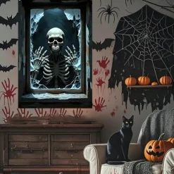 Halloween Window Curtain Skeleton with Outstretched Hands, Creepy Door Cover, Window cover, Wall Tapestry for 2025 Halloween Haunted House Decoration