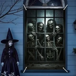 Halloween Window Curtain Skeleton with Outstretched Hands, Creepy Door Cover, Window cover, Wall Tapestry for 2025 Halloween Haunted House Decoration