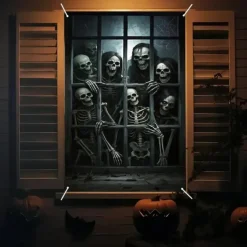 Halloween Window Curtain Skeleton with Outstretched Hands, Creepy Door Cover, Window cover, Wall Tapestry for 2025 Halloween Haunted House Decoration