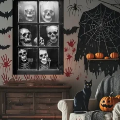 Halloween Window Curtain Creepy Skull Collage Black and White, Scary Door Cover, Window cover, Wall Tapestry for 2025 Halloween Haunted House and Home decoration