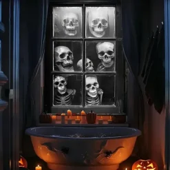 Halloween Window Curtain Creepy Skull Collage Black and White, Scary Door Cover, Window cover, Wall Tapestry for 2025 Halloween Haunted House and Home decoration