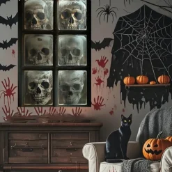 Halloween Window Curtain Creepy Skull Collage Black and White, Scary Door Cover, Window cover, Wall Tapestry for 2025 Halloween Haunted House and Home decoration