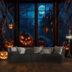 Halloween Window Scene Wall Tapestry Backdrop – Creepy Skeleton in Top Hat Outside Gothic Mansion Window with Full Moon, Pumpkins, and Bats, Spooky Indoor Party 2025 Halloween Decoration