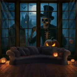 Halloween Window Scene Wall Tapestry Backdrop – Creepy Skeleton in Top Hat Outside Gothic Mansion Window with Full Moon, Pumpkins, and Bats, Spooky Indoor Party 2025 Halloween Decoration