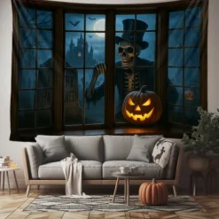 Halloween Window Scene Wall Tapestry Backdrop – Creepy Skeleton in Top Hat Outside Gothic Mansion Window with Full Moon, Pumpkins, and Bats, Spooky Indoor Party 2025 Halloween Decoration