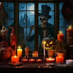 Halloween Window Scene Wall Tapestry Backdrop – Creepy Skeleton in Top Hat Outside Gothic Mansion Window with Full Moon, Pumpkins, and Bats, Spooky Indoor Party 2025 Halloween Decoration