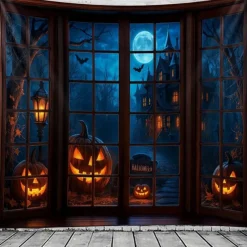 Halloween Window Scene Wall Tapestry Backdrop – Creepy Skeleton in Top Hat Outside Gothic Mansion Window with Full Moon, Pumpkins, and Bats, Spooky Indoor Party 2025 Halloween Decoration