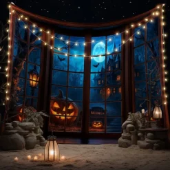 Halloween Window Scene Wall Tapestry Backdrop – Creepy Skeleton in Top Hat Outside Gothic Mansion Window with Full Moon, Pumpkins, and Bats, Spooky Indoor Party 2025 Halloween Decoration