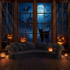 Halloween Window Scene Wall Tapestry Backdrop – Creepy Skeleton in Top Hat Outside Gothic Mansion Window with Full Moon, Pumpkins, and Bats, Spooky Indoor Party 2025 Halloween Decoration
