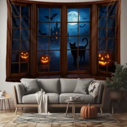 Halloween Window Scene Wall Tapestry Backdrop – Creepy Skeleton in Top Hat Outside Gothic Mansion Window with Full Moon, Pumpkins, and Bats, Spooky Indoor Party 2025 Halloween Decoration