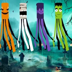 Halloween Windsock Flag 39 Inch Spooky Cartoon Flag Wind Socks Pumpkin Bat Ghost Monster Outdoor Hanging Decoration for Home Yard Patio Lawn Garden Tree Party Decoration