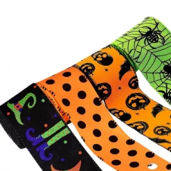 Halloween Wired Edge Ribbon 4 Rolls Bat Spider Pumpkin Printed Ribbon Witch Legs Hat Dot Grosgrain Ribbons for Halloween Home Wreath DIY Craft Floral Bow