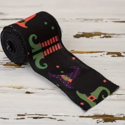 Halloween Wired Edge Ribbon 4 Rolls Bat Spider Pumpkin Printed Ribbon Witch Legs Hat Dot Grosgrain Ribbons for Halloween Home Wreath DIY Craft Floral Bow