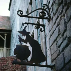 Halloween Witch Cauldron Silhouette Wall Decor - Outdoor Metal Witches Cauldron Wall Hanging Ornament, Halloween Scary Hanging Metal Wall Sign for Garden Party Decor