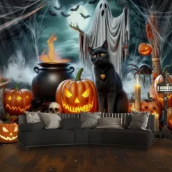Halloween Witch Cauldron Wall Tapestry – Ghost, Pumpkins, and Potion Scene, Spooky Night Gothic Backdrop for 2025 HALLOWEEN Living Room, Bedroom, Party Decoration