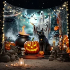 Halloween Witch Cauldron Wall Tapestry – Ghost, Pumpkins, and Potion Scene, Spooky Night Gothic Backdrop for 2025 HALLOWEEN Living Room, Bedroom, Party Decoration
