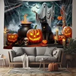 Halloween Witch Cauldron Wall Tapestry – Ghost, Pumpkins, and Potion Scene, Spooky Night Gothic Backdrop for 2025 HALLOWEEN Living Room, Bedroom, Party Decoration