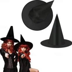 Halloween Witch Hat - Black Polyester Taffeta, 38x36CM Magical Costume Prop for Makeup and Dress-Up