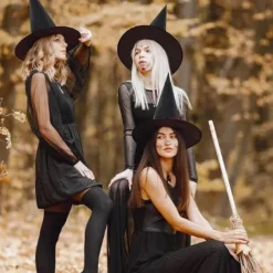 Halloween Witch Hat - Black Polyester Taffeta, 38x36CM Magical Costume Prop for Makeup and Dress-Up