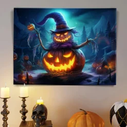 Halloween Witch with Glowing Pumpkin LED Canvas Wall Art - Battery Operated Lighted Wall Decor for 2025 Halloween home decoration light livingroom and bedroom