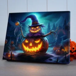 Halloween Witch with Glowing Pumpkin LED Canvas Wall Art - Battery Operated Lighted Wall Decor for 2025 Halloween home decoration light livingroom and bedroom