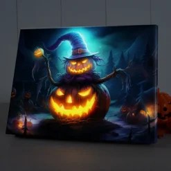 Halloween Witch with Glowing Pumpkin LED Canvas Wall Art - Battery Operated Lighted Wall Decor for 2025 Halloween home decoration light livingroom and bedroom
