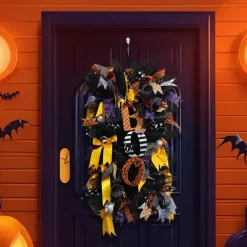 Halloween Witch Wreath with Hat Legs Pumpkin Door Wreath,Artificial Wall Wreath for Outdoor Halloween Home Decor