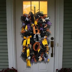 Halloween Witch Wreath with Hat Legs Pumpkin Door Wreath,Artificial Wall Wreath for Outdoor Halloween Home Decor