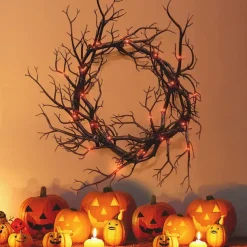 Halloween Wreath Decoration for Front Door Orange Lights Glitter Black Branch Wreath Halloween Decorations Home Indoor Outdoor Party Wall Decor Vintage Outside Hanging Window Garland Yard Scary