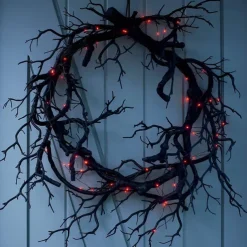Halloween Wreath Decoration for Front Door Orange Lights Glitter Black Branch Wreath Halloween Decorations Home Indoor Outdoor Party Wall Decor Vintage Outside Hanging Window Garland Yard Scary