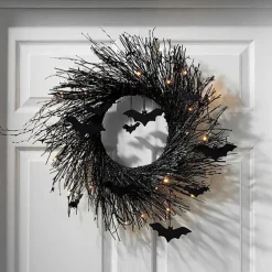 Halloween Wreath with Lights, Lighted Garland, Halloween Wreaths for Front Door,Black Bat for Front Door Outdoor Decorations Spooky Glitter Home Party Props Decor